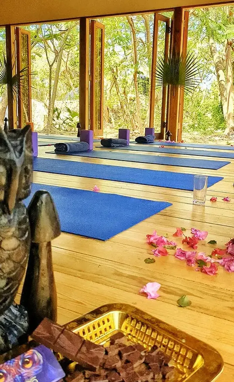 Yoga mats and blocks arranged on a wooden floor with large windows opening to a lush garden, at Rockhouse Hotel in Negril, Jamaica, highlighting a wellness experience at Rockhouse Hotel.