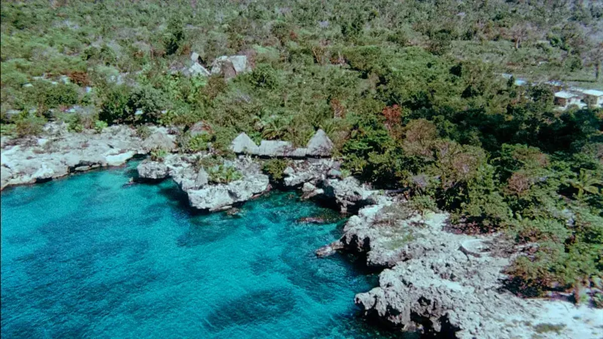Aerial view of Rockhouse Hotel in Negril, Jamaica, highlighting the rugged cliffs, turquoise waters, and lush tropical landscape surrounding the thatched-roof villas