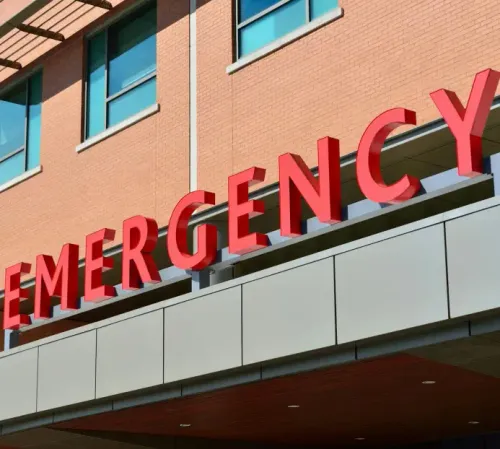 Emergency department entrance sign at a hospital, representing urgent dental care services at East End Tooth Ferry in Southampton, New York.