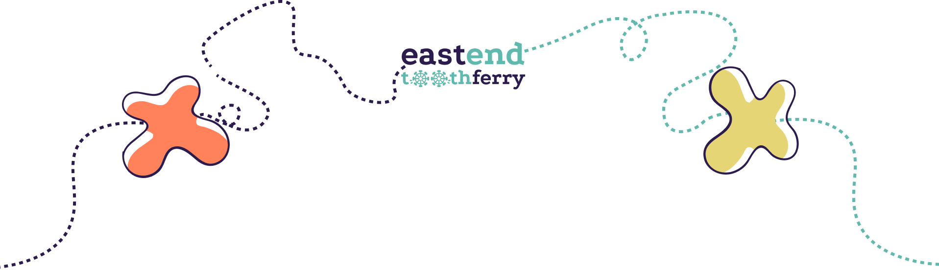 East End Tooth Ferry logo with playful dotted lines and colorful abstract shapes, representing the pediatric dental office in Southampton, New York.